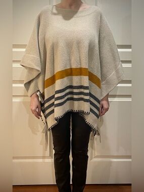 Chloe Cream Poncho with Mustard and Navy Stripe Accents; wool and cashmere.